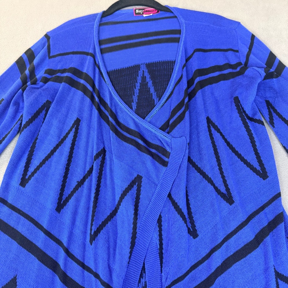 Say What Women’s Y2K Blue & Black Geometric Design Open Front Cardigan Sweater-M - Picture 2 of 4